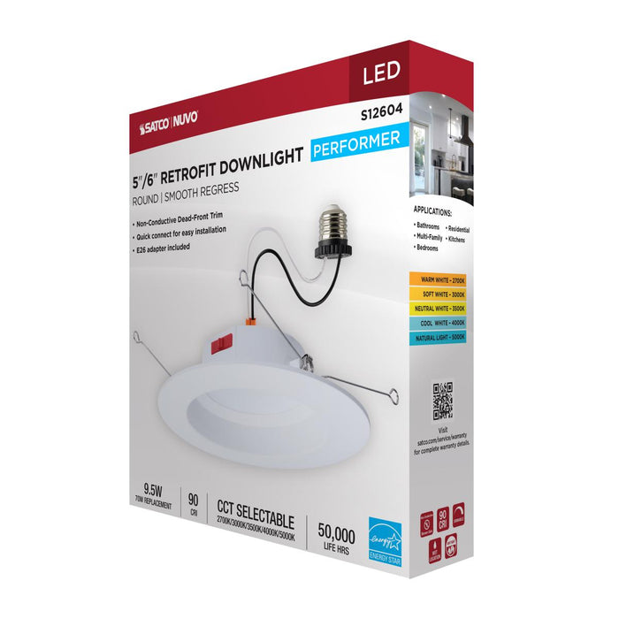 SATCO/NUVO 10W LED Downlight Retrofit 5-6 Inch CCT Selectable 2700K/3000K/3500K/4000K/5000K Round 90 CRI 120V White (S12604)