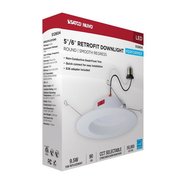 SATCO/NUVO 10W LED Downlight Retrofit 5-6 Inch CCT Selectable 2700K/3000K/3500K/4000K/5000K Round 90 CRI 120V White (S12604)
