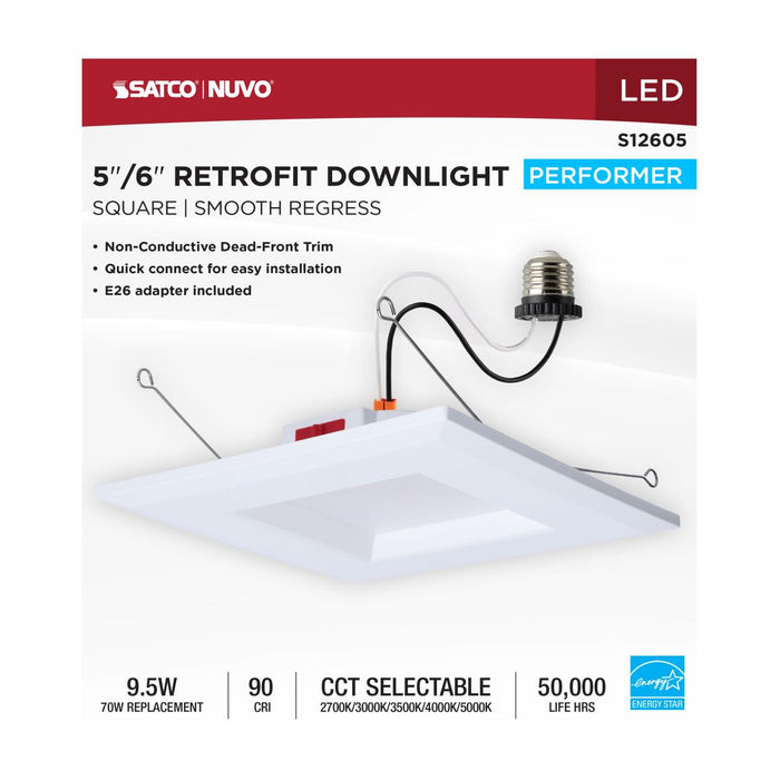SATCO/NUVO 10W LED Downlight Retrofit 5-6 Inch CCT Selectable 2700K/3000K/3500K/4000K/5000K Square 90 CRI 120V White (S12605)