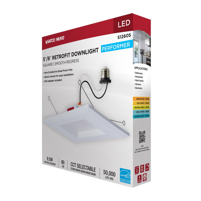 SATCO/NUVO 10W LED Downlight Retrofit 5-6 Inch CCT Selectable 2700K/3000K/3500K/4000K/5000K Square 90 CRI 120V White (S12605)