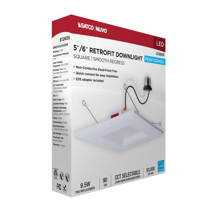SATCO/NUVO 10W LED Downlight Retrofit 5-6 Inch CCT Selectable 2700K/3000K/3500K/4000K/5000K Square 90 CRI 120V White (S12605)