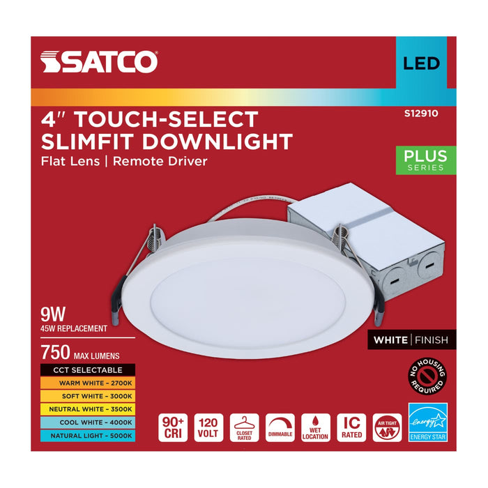 SATCO/NUVO-S12910 9W LED Downlight Slimfit 4 Inch Round Touch-Select 2700K/3000K/3500K/4000K/5000K 750Lm White Flat Trim Line Voltage Dimmable 120V (S12910)