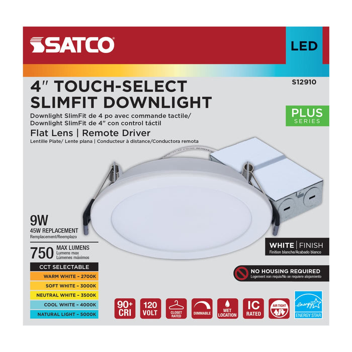 SATCO/NUVO-S12910 9W LED Downlight Slimfit 4 Inch Round Touch-Select 2700K/3000K/3500K/4000K/5000K 750Lm White Flat Trim Line Voltage Dimmable 120V (S12910)