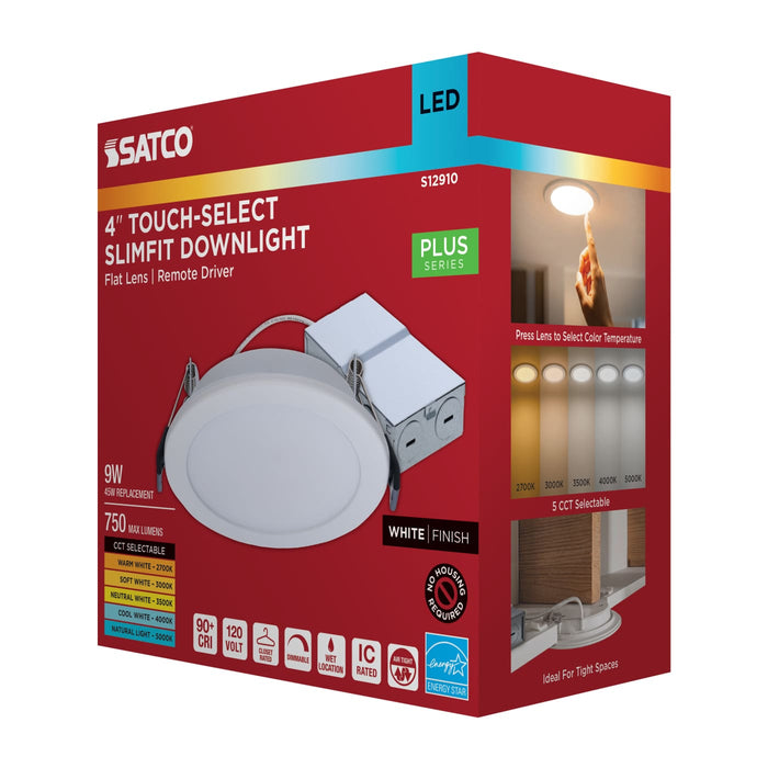 SATCO/NUVO-S12910 9W LED Downlight Slimfit 4 Inch Round Touch-Select 2700K/3000K/3500K/4000K/5000K 750Lm White Flat Trim Line Voltage Dimmable 120V (S12910)