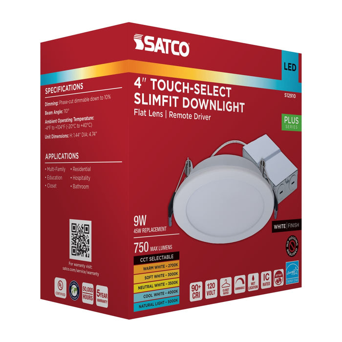 SATCO/NUVO-S12910 9W LED Downlight Slimfit 4 Inch Round Touch-Select 2700K/3000K/3500K/4000K/5000K 750Lm White Flat Trim Line Voltage Dimmable 120V (S12910)