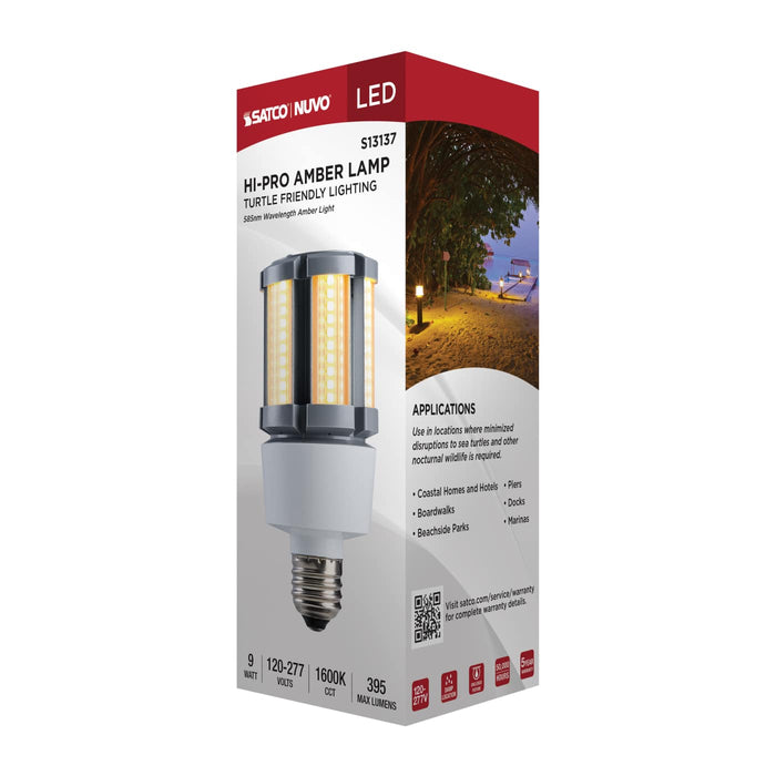 SATCO/NUVO 9W LED Amber Corn Cob E26 Base 1600K 585Nm 395Lm 120-277V Turtle Friendly (S13137)