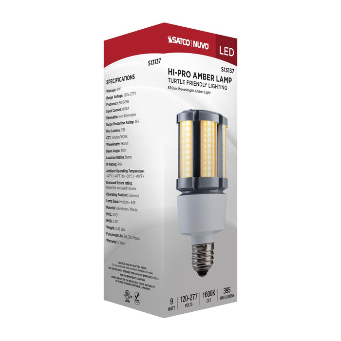 SATCO/NUVO 9W LED Amber Corn Cob E26 Base 1600K 585Nm 395Lm 120-277V Turtle Friendly (S13137)