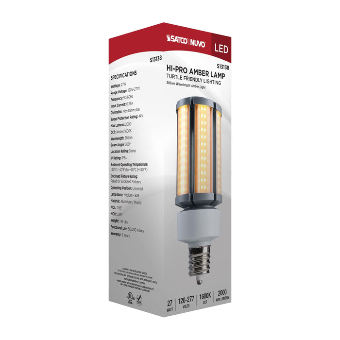 SATCO/NUVO 27W LED Amber Corn Cob E26 Base 1600K 585Nm 2000Lm 120-277V Turtle Friendly (S13138)