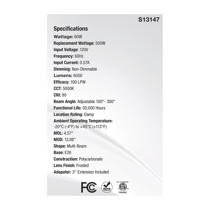 SATCO/NUVO 60W LED Multi-Beam Utility/Garage Lamp 5000K Natural Light 120V White Finish (S13147)