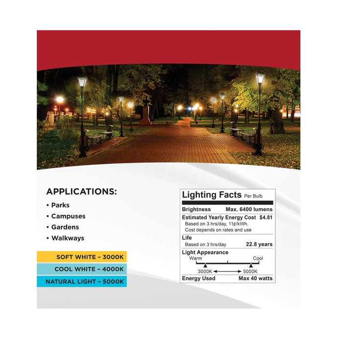 SATCO/NUVO LED HID Replacement Wattage/CCT Selectable 40W/30W/20W 3000K/4000K/5000K Ballast Bypass Medium Base 120-277V (S13148)