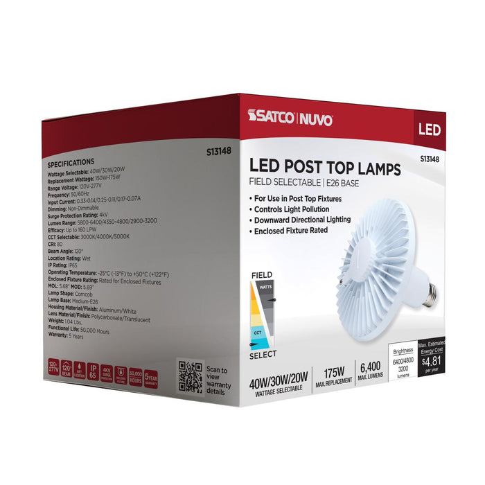 SATCO/NUVO LED HID Replacement Wattage/CCT Selectable 40W/30W/20W 3000K/4000K/5000K Ballast Bypass Medium Base 120-277V (S13148)