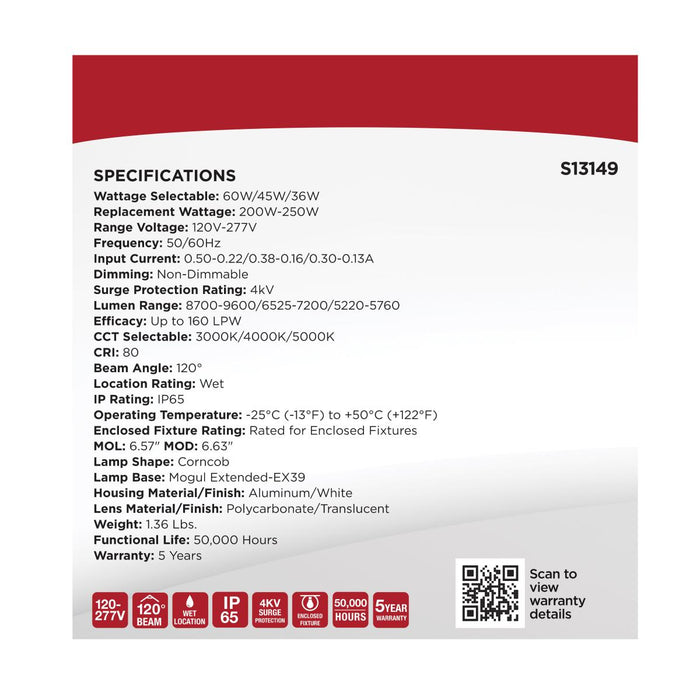 SATCO/NUVO 60/45/36W LED HID Replacement Wattage/CCT Selectable 60W/45W/36W 3000K/4000K/5000K Ballast Bypass Extended Mogul Base 120-277V (S13149)