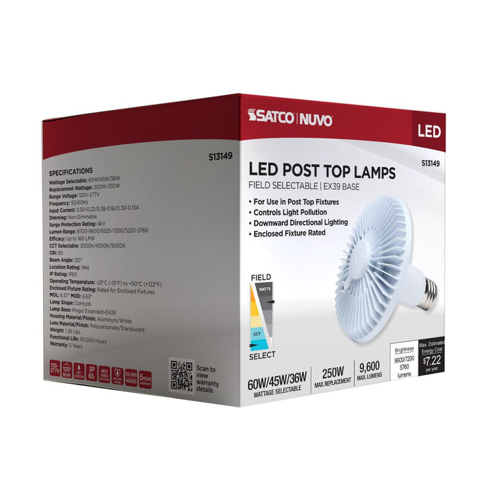 SATCO/NUVO 60/45/36W LED HID Replacement Wattage/CCT Selectable 60W/45W/36W 3000K/4000K/5000K Ballast Bypass Extended Mogul Base 120-277V (S13149)