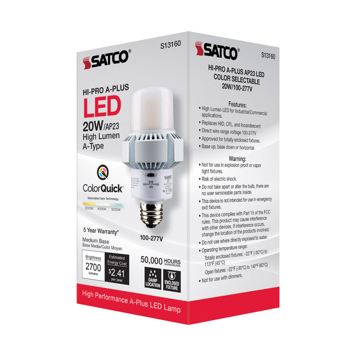 SATCO/NUVO 20W A-Plus 23 LED CCT Selectable 3000K/4000K/5000K Medium Base 100-277V Colorquick Technology Powerquick Technology (S13160)