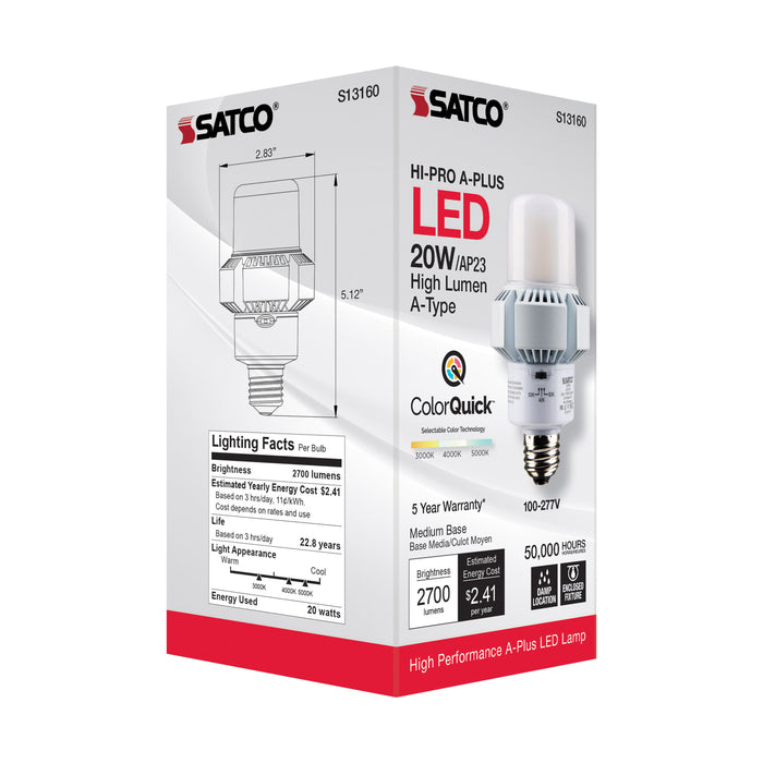SATCO/NUVO 20W A-Plus 23 LED CCT Selectable 3000K/4000K/5000K Medium Base 100-277V Colorquick Technology Powerquick Technology (S13160)