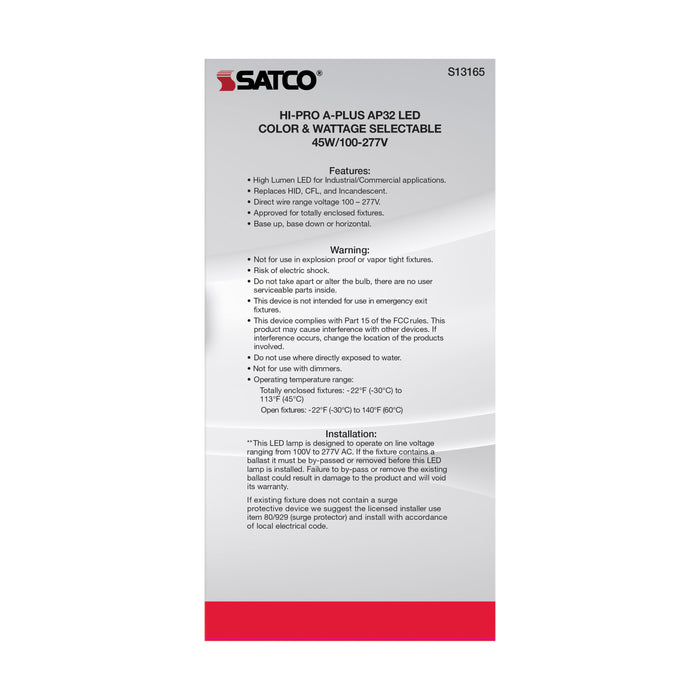 SATCO/NUVO 45W A-Plus 32 LED CCT/Wattage Selectable Extended Mogul Base Colorquick Technology Powerquick Technology (S13165)