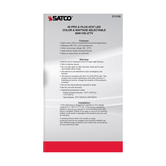 SATCO/NUVO 65W A-Plus 37 LED CCT/Wattage Selectable Medium Base Colorquick Technology Powerquick Technology (S13166)