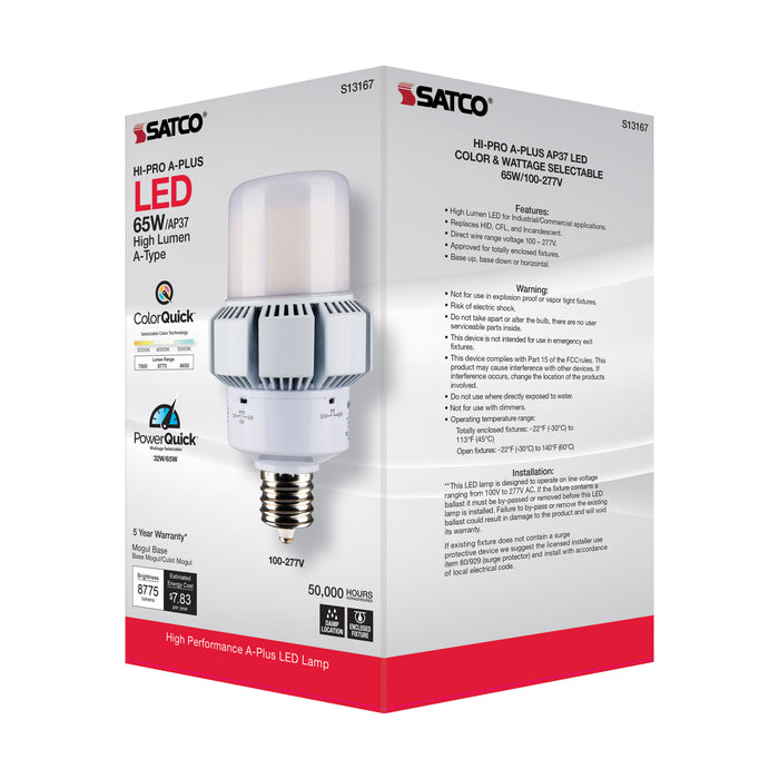 SATCO/NUVO 65W A-Plus 37 LED CCT/Wattage Selectable Extended Mogul Base Colorquick Technology Powerquick Technology (S13167)