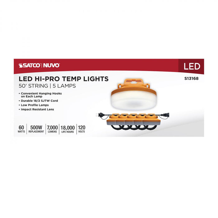 SATCO/NUVO LED Hi-Pro Temporary String Lights 50 Foot 5 Lamp 7000Lm 60W 5000K 360 Degree Beam Angle Non-Dimmable (S13168)