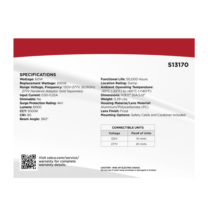 SATCO/NUVO 60W LED Hi-Pro Temporary Work Light 5000K 6000Lm 80 CRI 360 Degree Beam Angle 120-277V Orange (S13170)