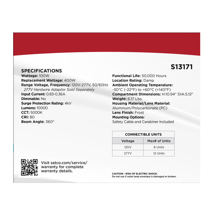 SATCO/NUVO 100W LED Hi-Pro Temporary Work Light 5000K 10000Lm 80 CRI 360 Degree Beam Angle 120-277V Orange (S13171)