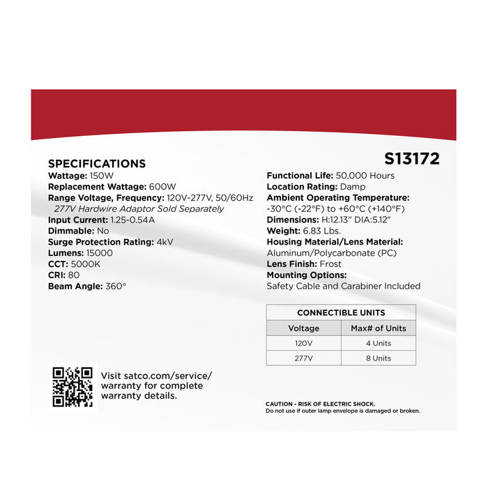 SATCO/NUVO 150W LED Hi-Pro Temporary Work Light 5000K 15000Lm 80 CRI 360 Degree Beam Angle 120-277V Orange (S13172)