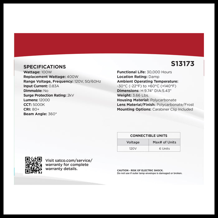 SATCO/NUVO 100W LED Temporary Work Light 5000K 12000Lm 120V Non-Dimmable Orange (S13173)