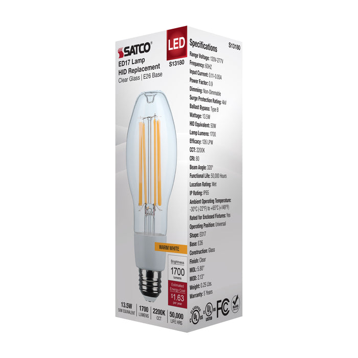 SATCO/NUVO 13.5W LED HID Replacement ED17 2200K Medium E26 Base Clear 120-277V (S13180)