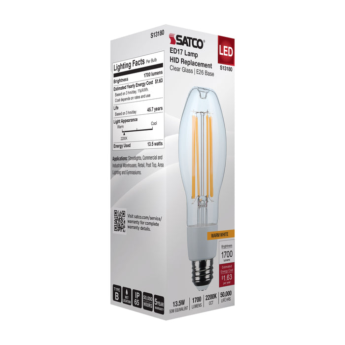 SATCO/NUVO 13.5W LED HID Replacement ED17 2200K Medium E26 Base Clear 120-277V (S13180)
