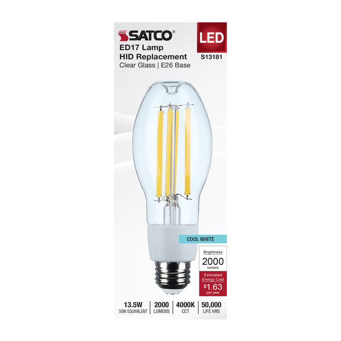 SATCO/NUVO 13.5W LED HID Replacement ED17 4000K Medium E26 Base Clear 120-277V (S13181)