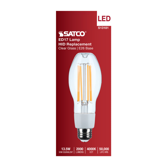 SATCO/NUVO 13.5W LED HID Replacement ED17 4000K Medium E26 Base Clear 120-277V (S13181)