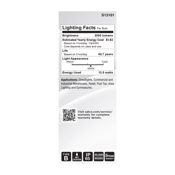 SATCO/NUVO 13.5W LED HID Replacement ED17 4000K Medium E26 Base Clear 120-277V (S13181)