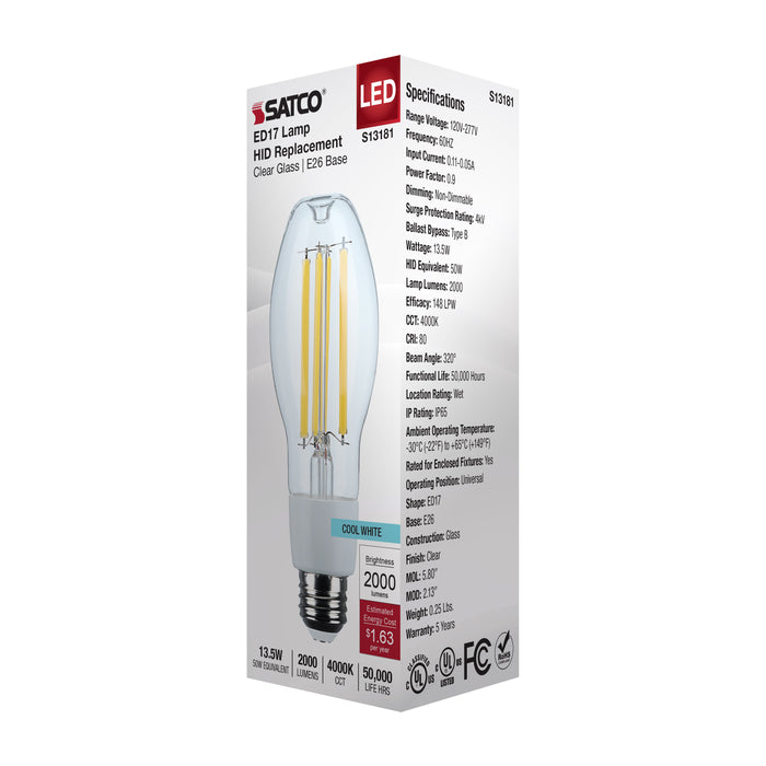 SATCO/NUVO 13.5W LED HID Replacement ED17 4000K Medium E26 Base Clear 120-277V (S13181)