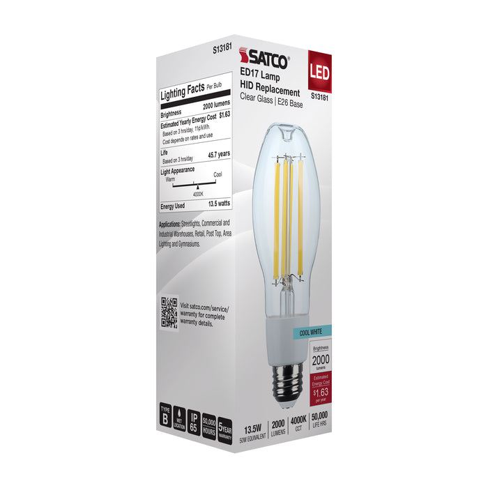SATCO/NUVO 13.5W LED HID Replacement ED17 4000K Medium E26 Base Clear 120-277V (S13181)