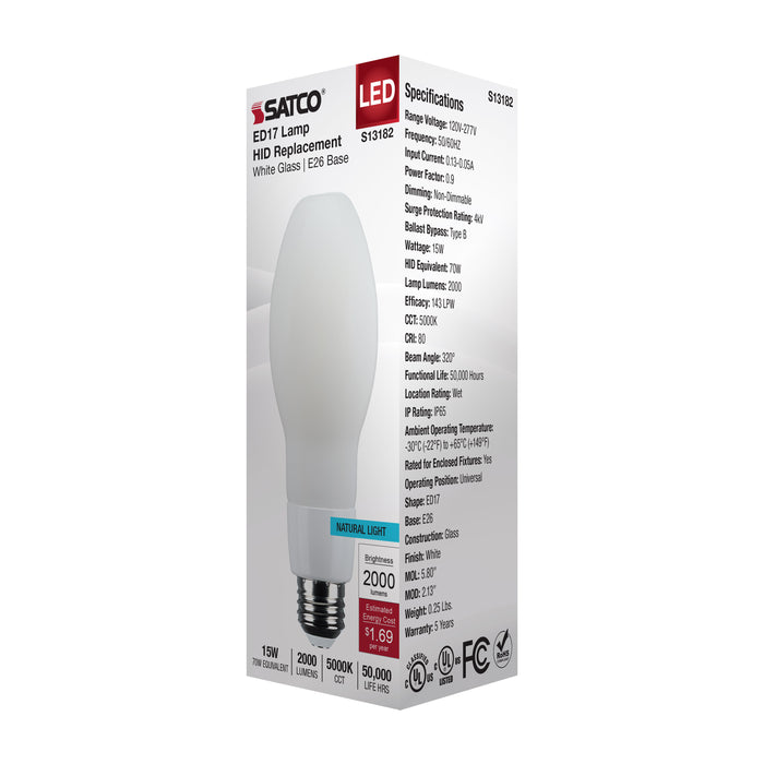 SATCO/NUVO 15W LED HID Replacement ED17 5000K Medium E26 Base White 120-277V (S13182)