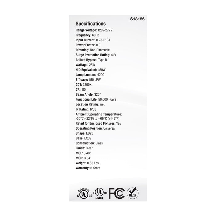 SATCO/NUVO 28W LED HID Replacement ED28 2200K Extended Mogul Base Clear 120-277V (S13186)