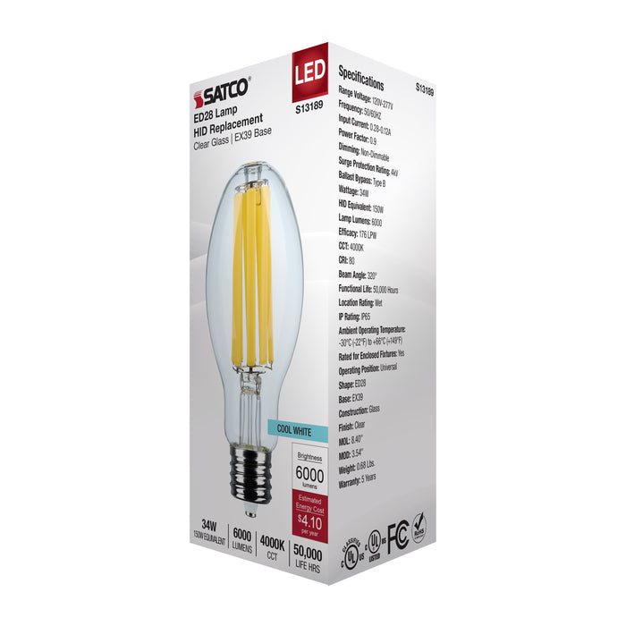 SATCO/NUVO 34W LED HID Replacement ED28 4000K Extended Mogul Base Clear 120-277V (S13189)