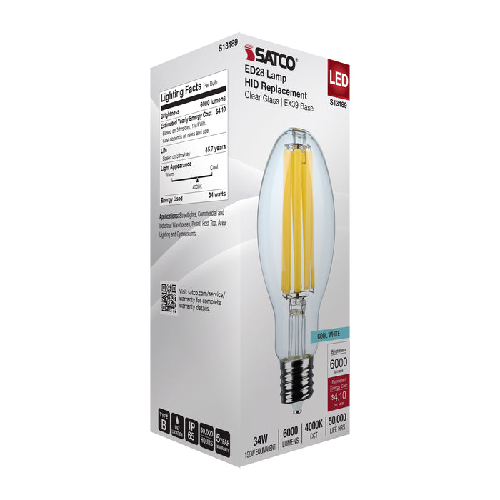 SATCO/NUVO 34W LED HID Replacement ED28 4000K Extended Mogul Base Clear 120-277V (S13189)