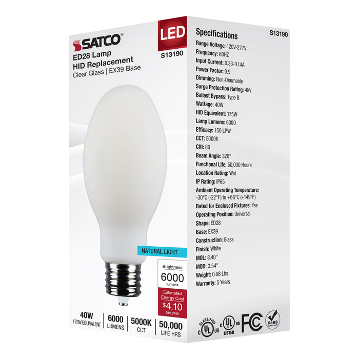 SATCO/NUVO 40W LED HID Replacement ED28 5000K Extended Mogul Base White 120-277V (S13190)