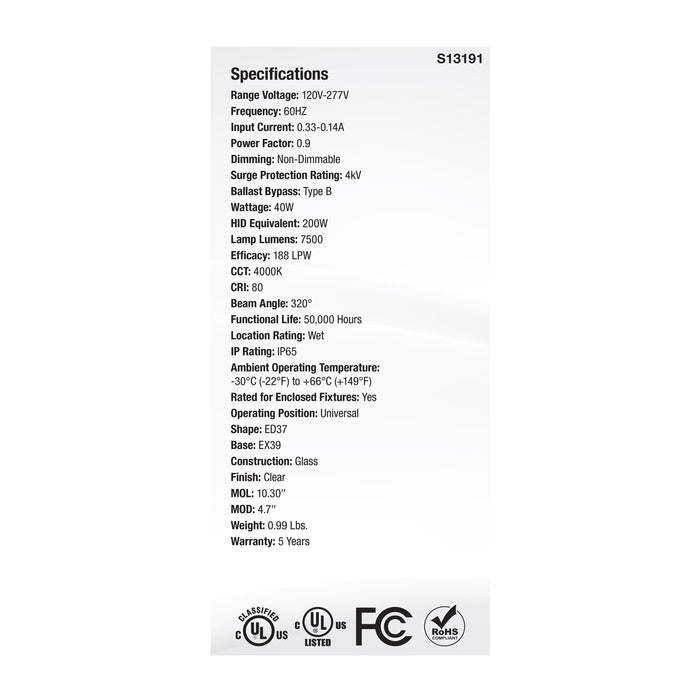 SATCO/NUVO 40W LED HID Replacement ED37 4000K Extended Mogul Base Clear 120-277V (S13191)