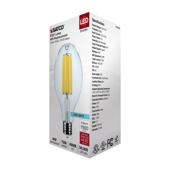 SATCO/NUVO 40W LED HID Replacement ED37 4000K Extended Mogul Base Clear 120-277V (S13191)