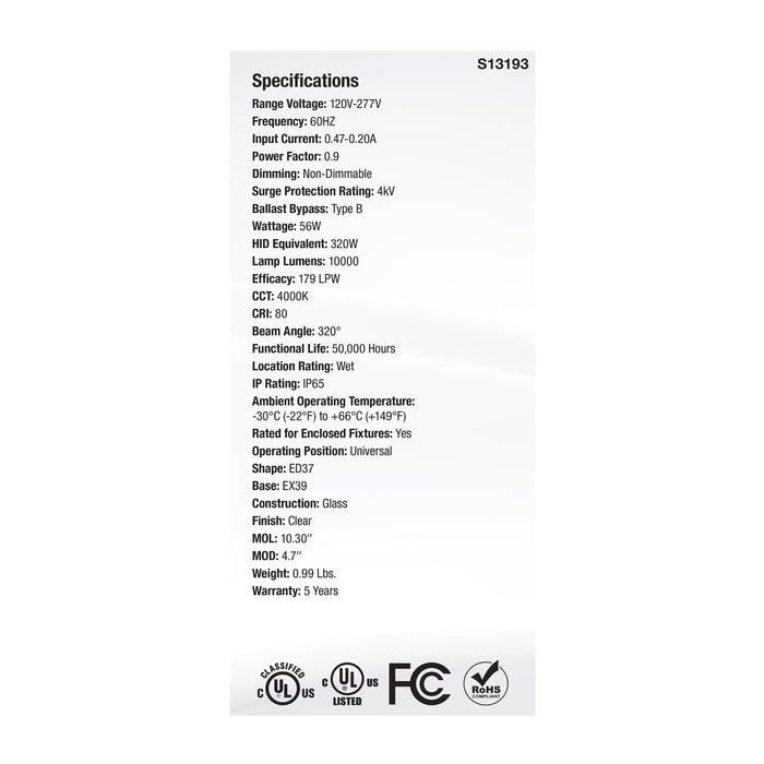SATCO/NUVO 56W LED HID Replacement ED37 4000K Extended Mogul Base Clear 120-277V (S13193)