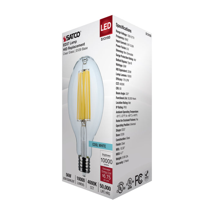 SATCO/NUVO 56W LED HID Replacement ED37 4000K Extended Mogul Base Clear 120-277V (S13193)