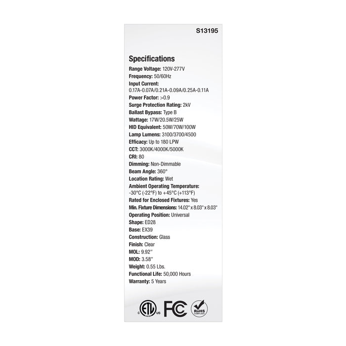 SATCO/NUVO LED HID Replacement ED28 Wattage/CCT Selectable 17W/20.5W/25W 3000K/4000K/5000K Mogul Extended Base Clear 120-277V (S13195)