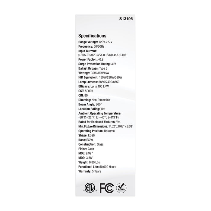 SATCO/NUVO LED HID Replacement ED28 Wattage Selectable 30W/38W/45W 5000K Mogul Extended Base Clear 120-277V (S13196)