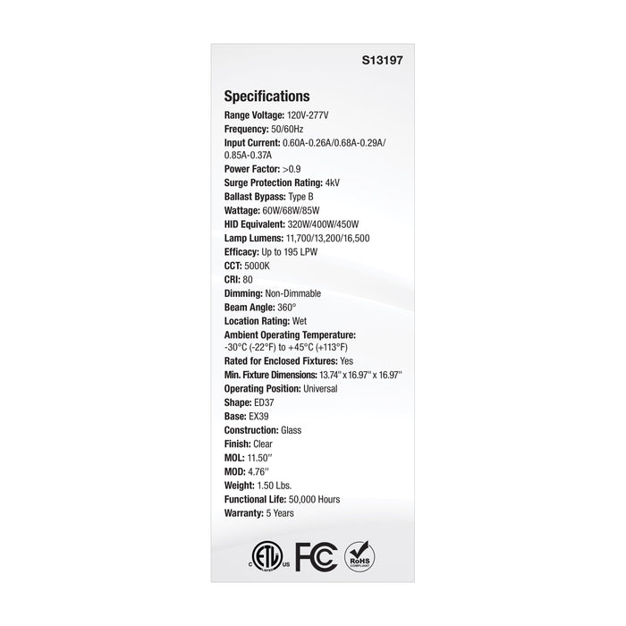 SATCO/NUVO LED HID Replacement ED27 Wattage Selectable 60W/68W/85W 5000K Mogul Extended Base Clear 120-277V (S13197)