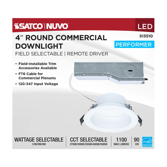 SATCO/NUVO 4 Inch Round LED Commercial Downlight Selectable 12W/9W/6W 1100Lm/900Lm/650Lm 2700K/3000K/3500K/4000K/5000K 120-347V 90 CRI White (S13510)