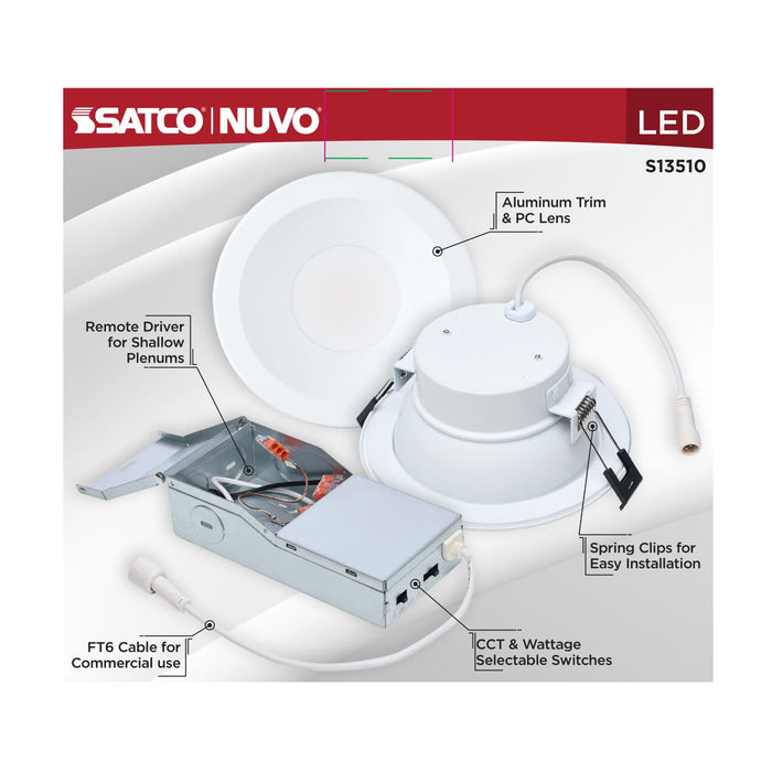 SATCO/NUVO 4 Inch Round LED Commercial Downlight Selectable 12W/9W/6W 1100Lm/900Lm/650Lm 2700K/3000K/3500K/4000K/5000K 120-347V 90 CRI White (S13510)