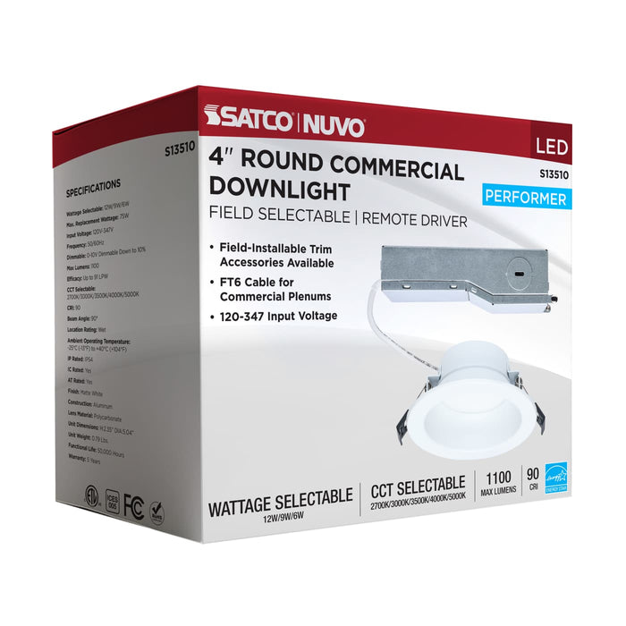 SATCO/NUVO 4 Inch Round LED Commercial Downlight Selectable 12W/9W/6W 1100Lm/900Lm/650Lm 2700K/3000K/3500K/4000K/5000K 120-347V 90 CRI White (S13510)