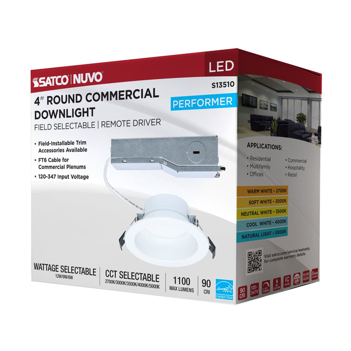 SATCO/NUVO 4 Inch Round LED Commercial Downlight Selectable 12W/9W/6W 1100Lm/900Lm/650Lm 2700K/3000K/3500K/4000K/5000K 120-347V 90 CRI White (S13510)